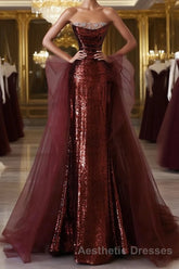 Wine Red Sequins and Tulle Beaded Long Party Dresses, Wine Red Evening Dresses